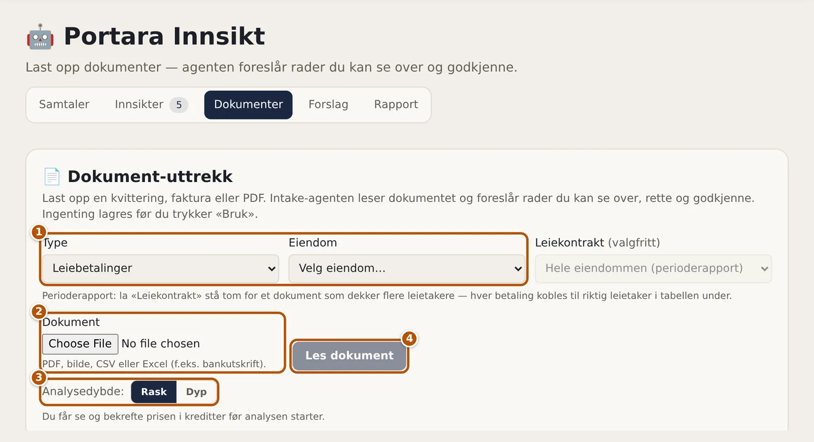 Fanen Dokumenter i Portara Innsikt med valg av type, eiendom, dokument og analysedybde