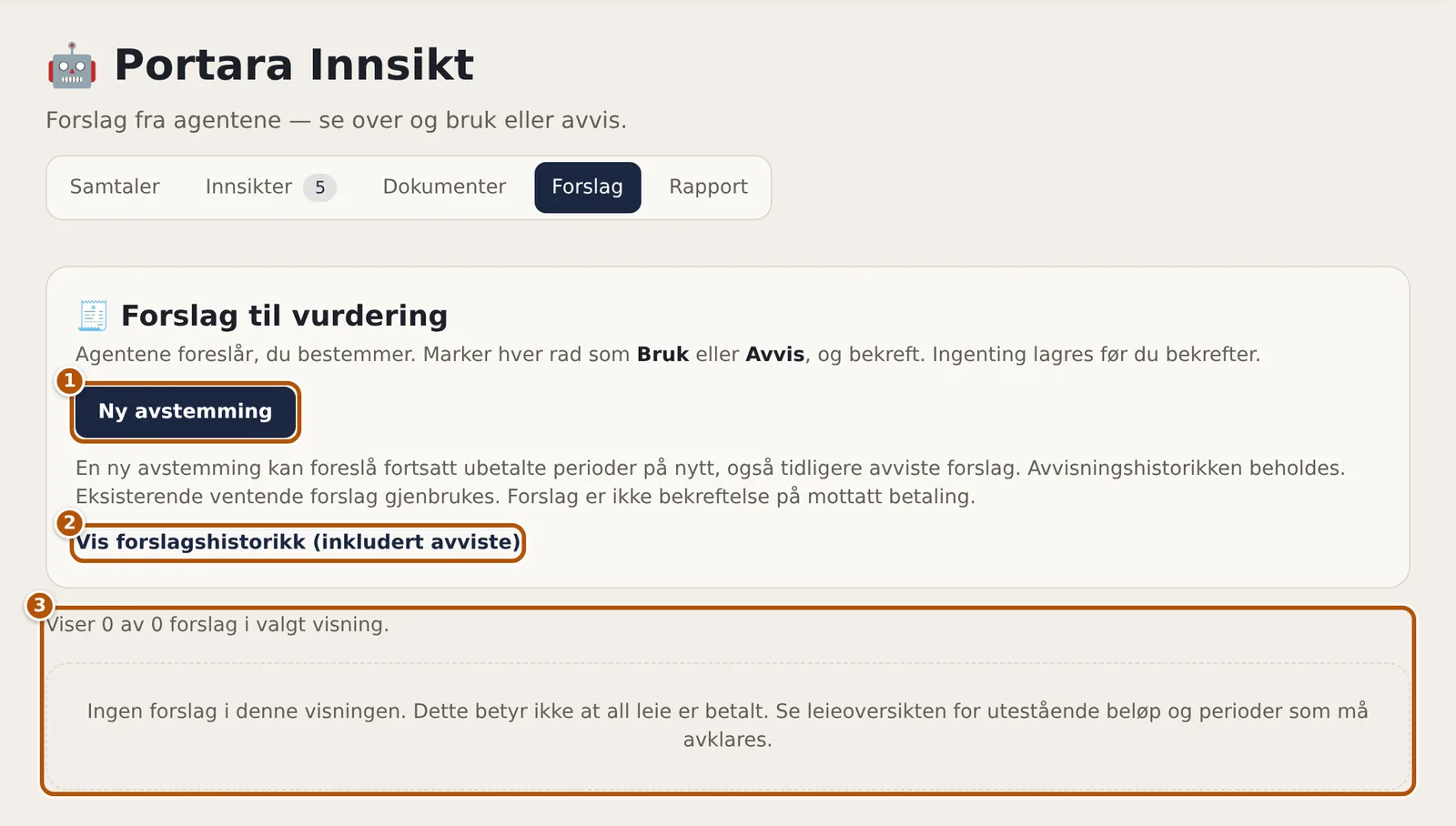 Fanen Forslag i Portara Innsikt med knappen Ny avstemming og forslag til vurdering