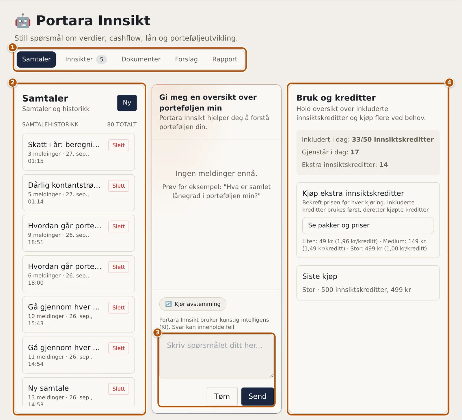 Portara Innsikt med fanene øverst, samtalelisten, chatten og oversikten over innsiktskreditter