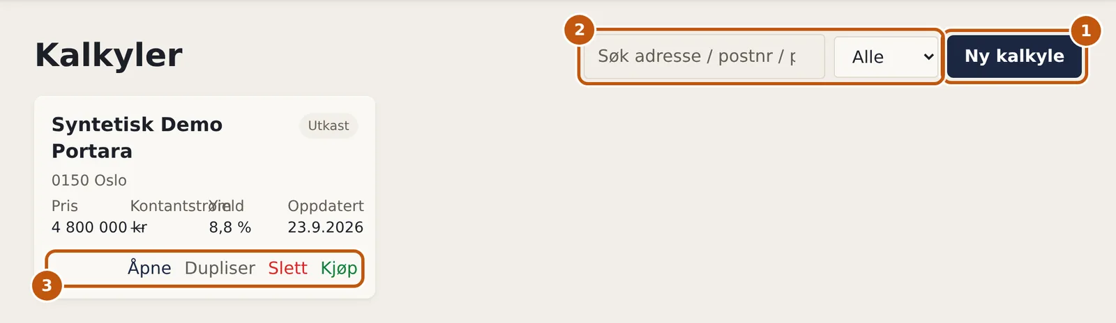 Kalkyler-siden med søk, statusfilter, knappen Ny kalkyle og kalkylekort med handlingsknapper
