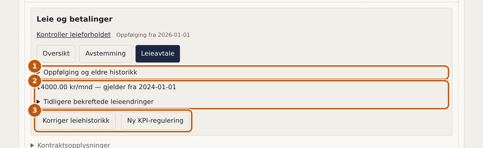 Fanen Leieavtale med leiehistorikk og knappene Korriger leiehistorikk og Ny KPI-regulering