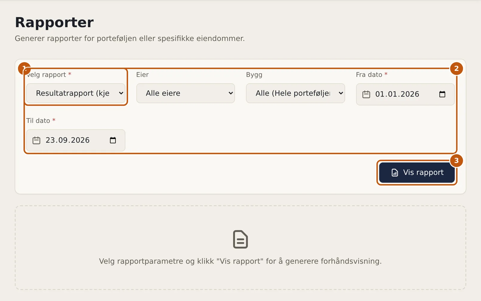 Rapporter-siden med valg av rapport, eier, eiendom og periode