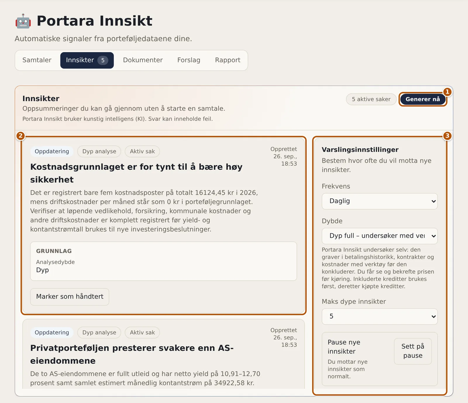 Fanen Innsikter med varslingsinnstillinger og listen over innsikter