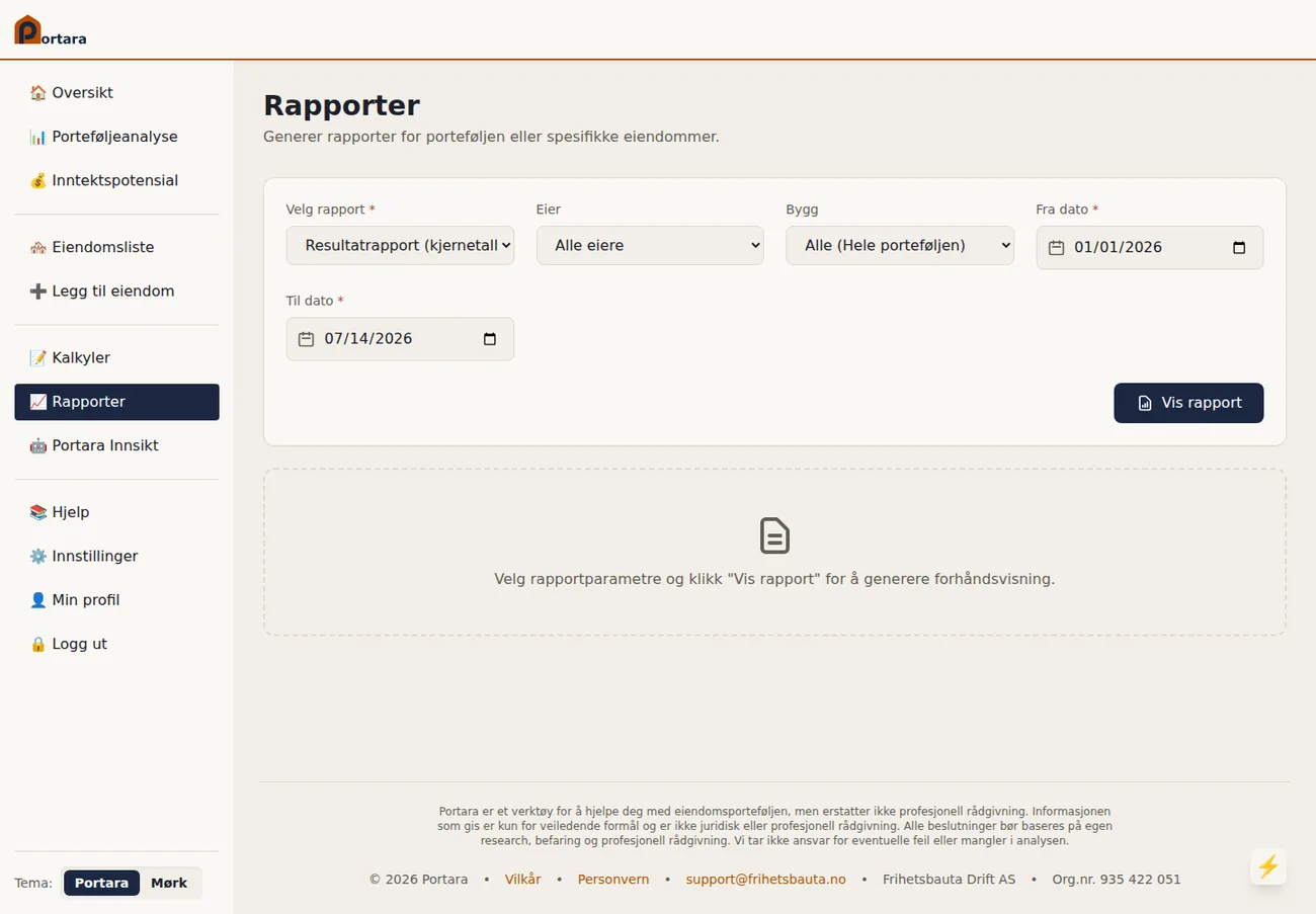 Rapporter-siden i Portara: velg rapporttype, eier, bygg og periode, og generer forhåndsvisning