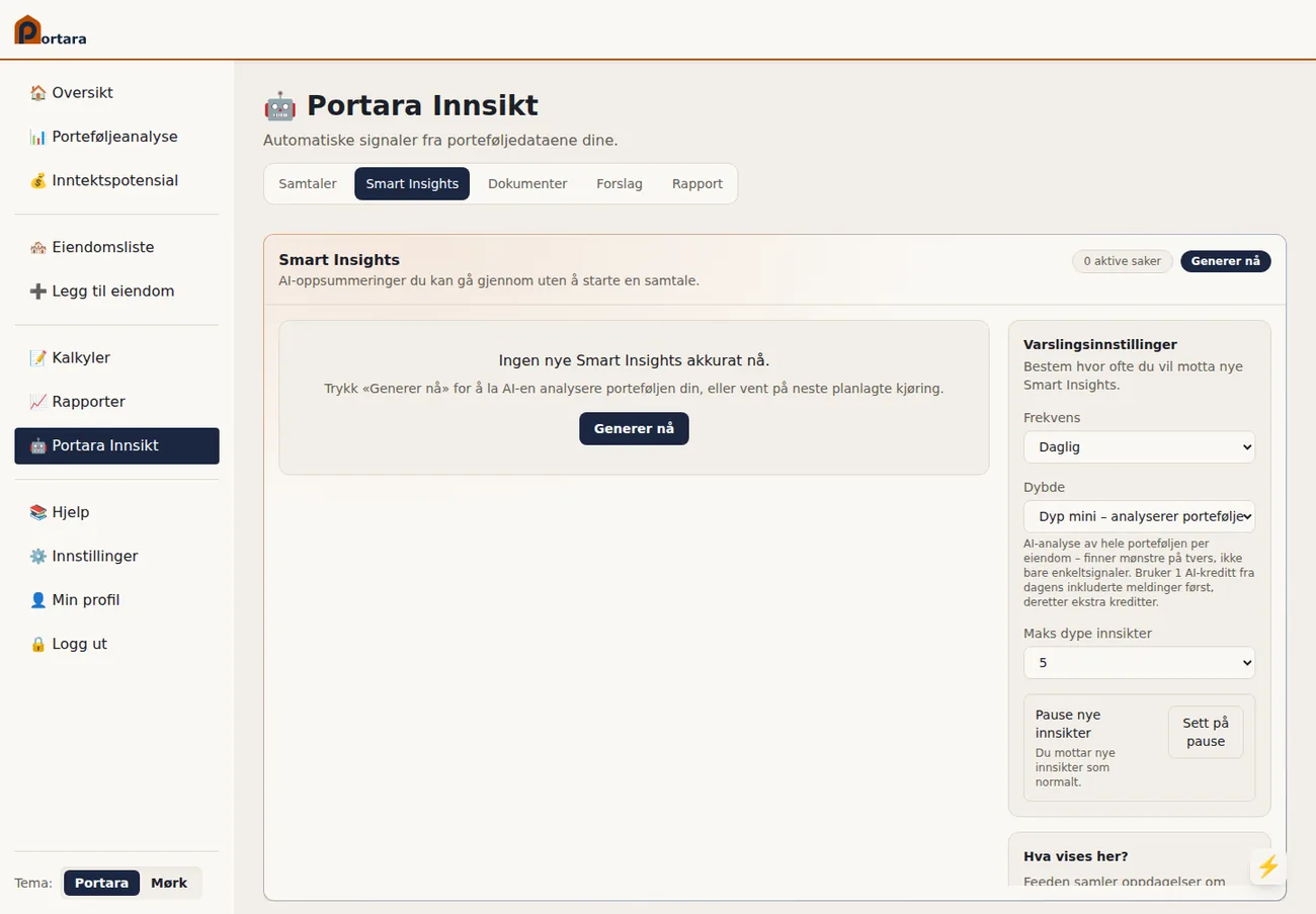Smart Insights-fanen i Portara Innsikt med varslingsinnstillinger for frekvens, dybde og maks antall innsikter